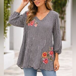 NWT Style & Co Womens Black White Gingham Embroidered Long Flowy Blouse Top, 3X